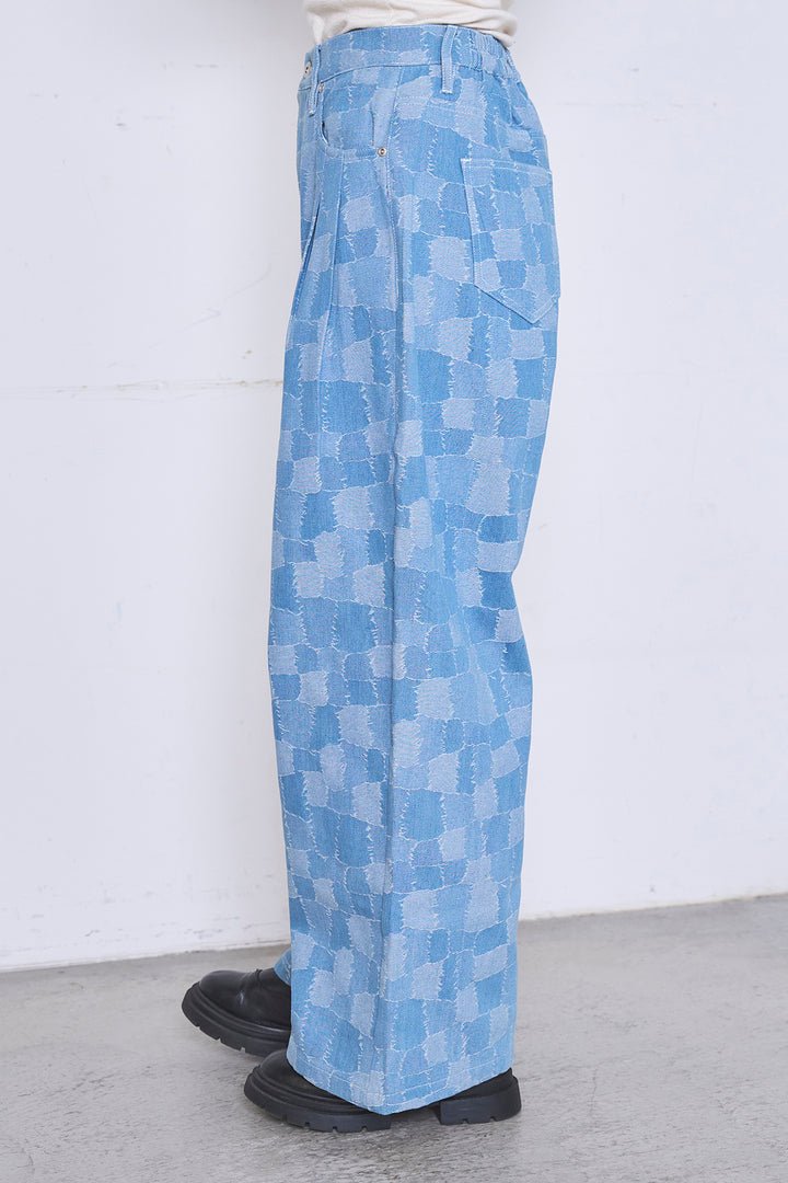 [SET]ロングシアーアウター+パッチワーク風デニムワイドパンツ(2set)