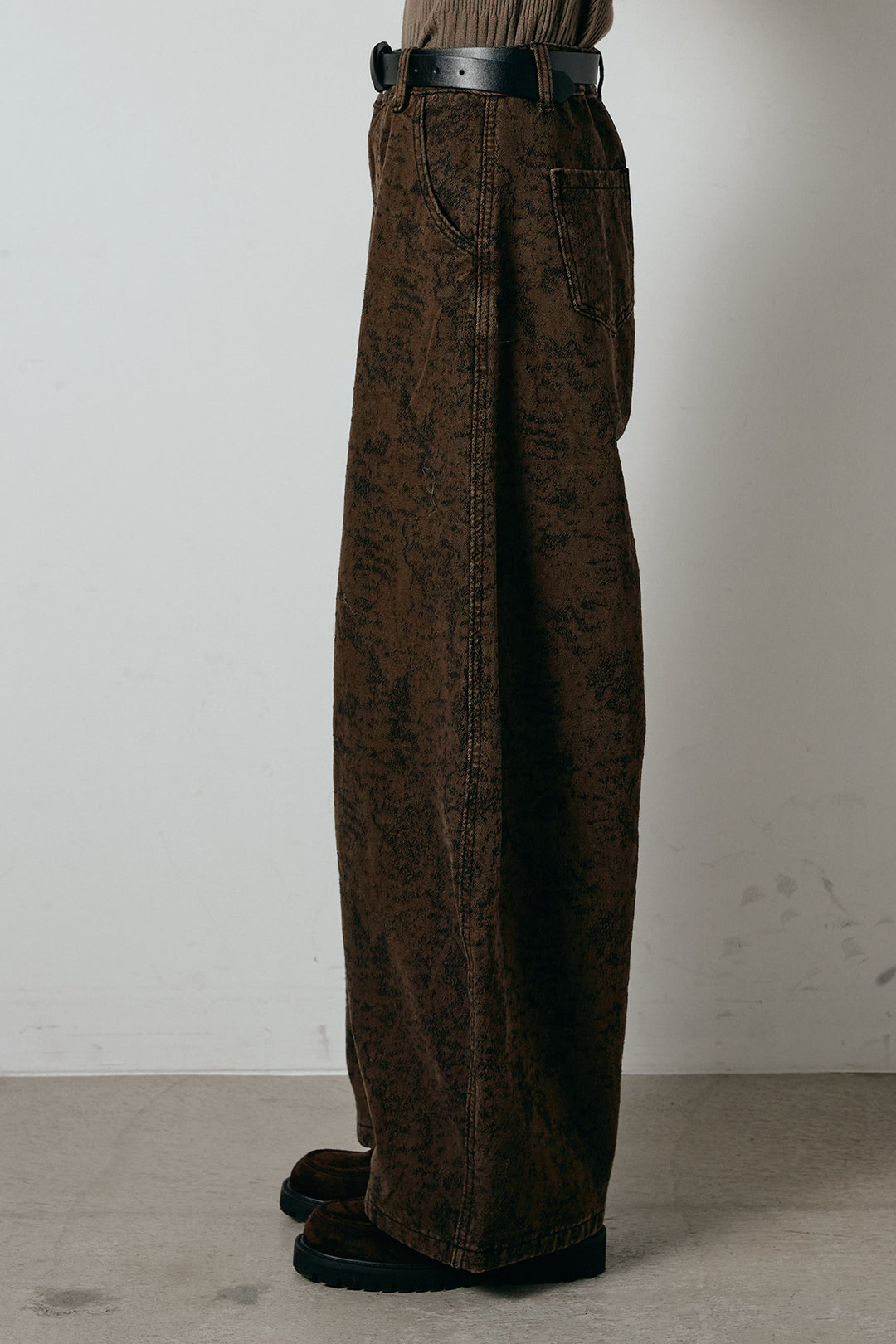 [SET]ウェーブシャギーニットジャケット+ベルト付きニュアンス柄カーブワイドパンツ(2set)