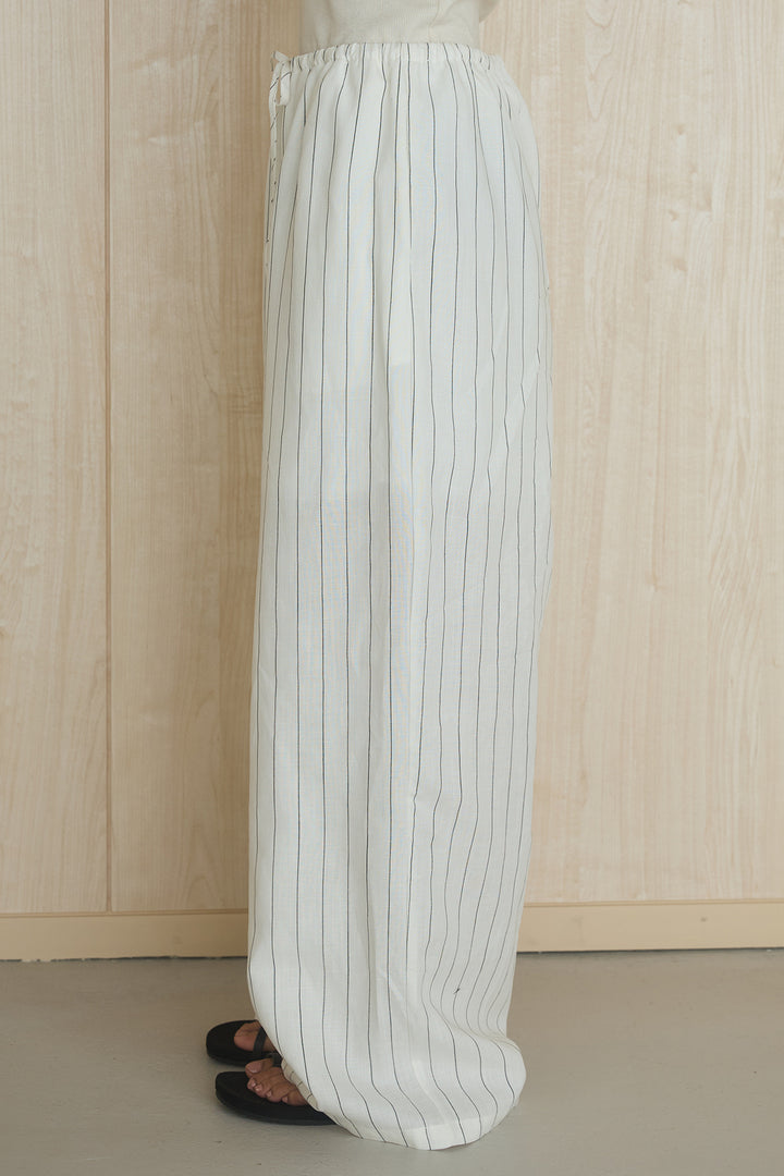 [SET]麻混襟付きトップス+麻混ピンストライプリラックスパンツ(2set)