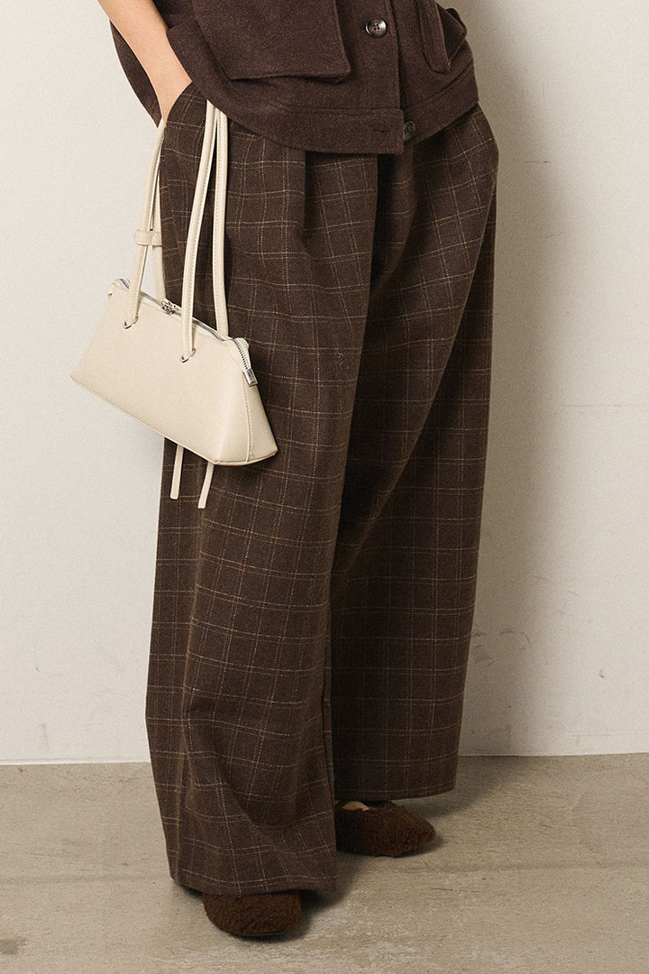 [SET]フリンジニットカーディガン+ウールライクチェックタックパンツ(2set)