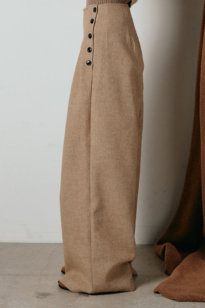 [SET]ルーズクラッシュツイルシャツ+リブニットシームレスタートルプルオーバー+サイドボタンツイードタックパンツ(3set)