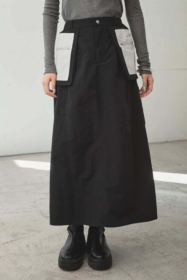 [SET]襟付きナイロンベスト+サイドデザインナイロンスカート+リブシアークルーネック長袖トップス(3set)