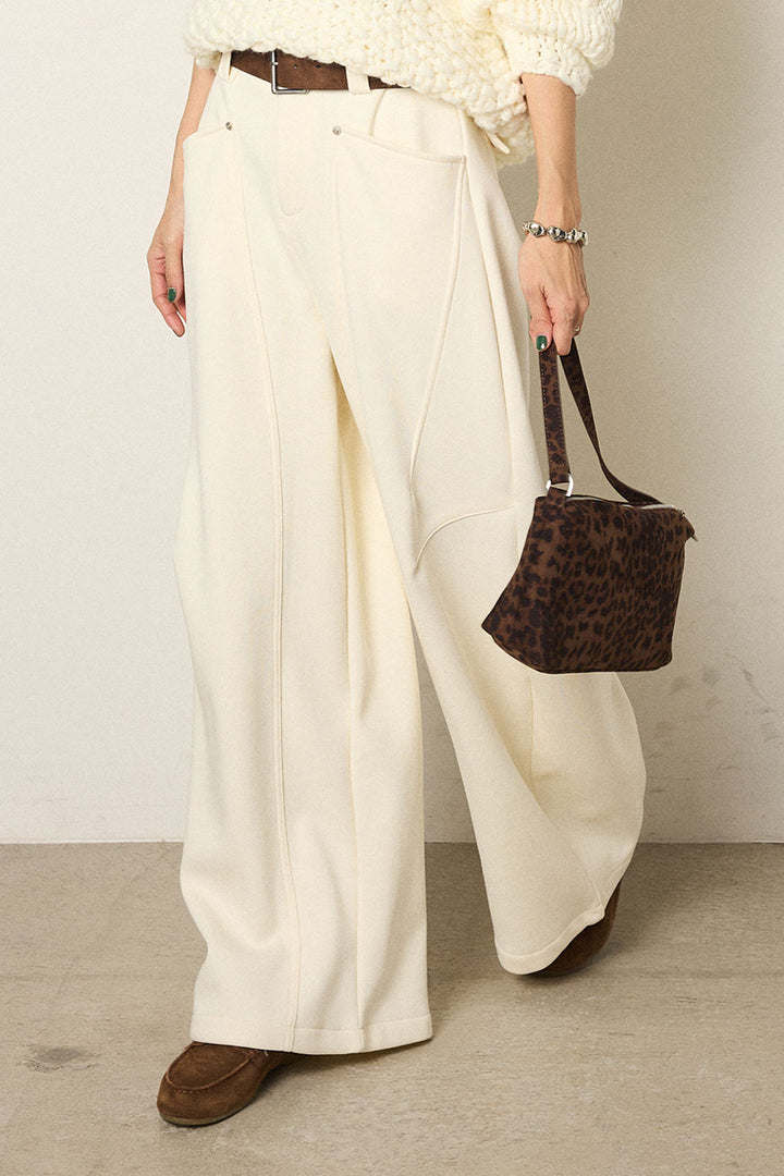 [SET]Vネックハンド編みニットトップス+太ベルト付きスウェットワイドカーブパンツ(2set)