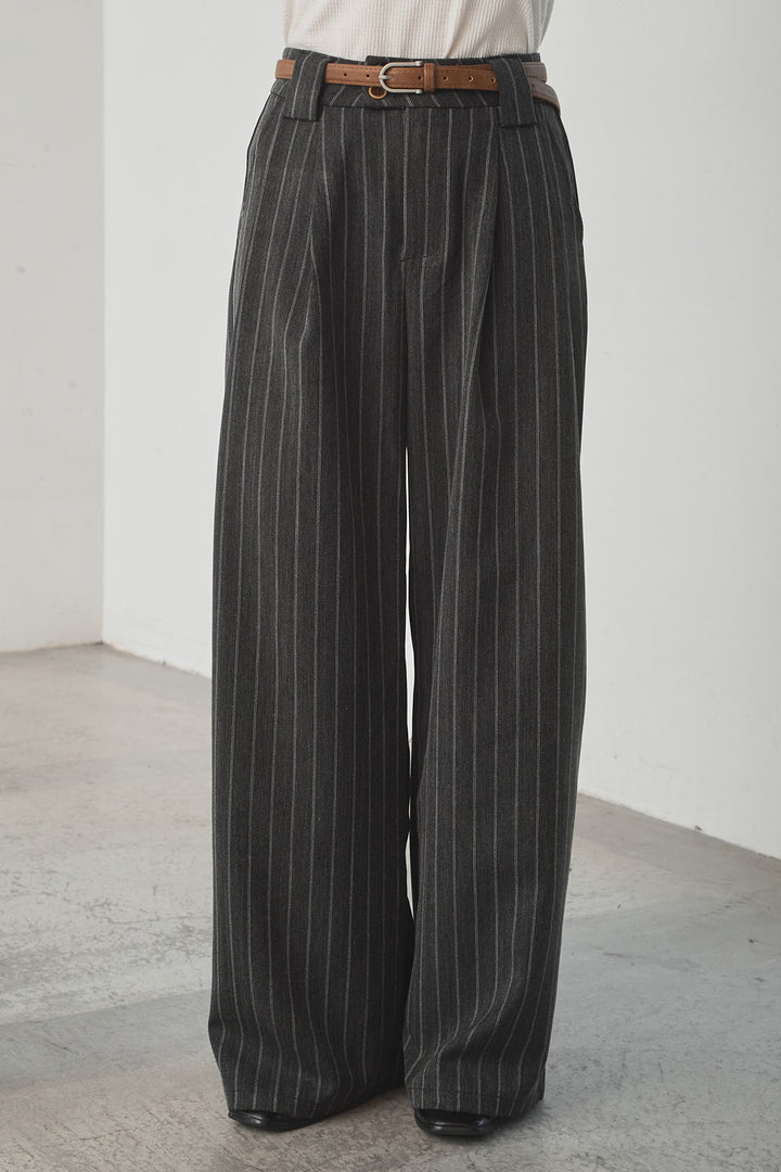 [SET]シアー×ポンチブルゾン+細ベルト付きピンストライプワイドパンツ(2set)