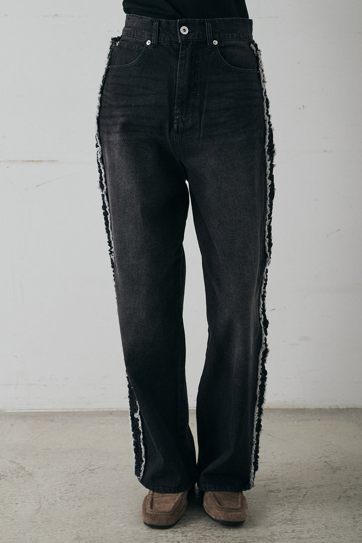 [SET]袖シャーリング裾フリルデニムブルゾン+デニムサイドフリルパンツ+ストレッチレースフーディサムホールプルオーバー(3set)