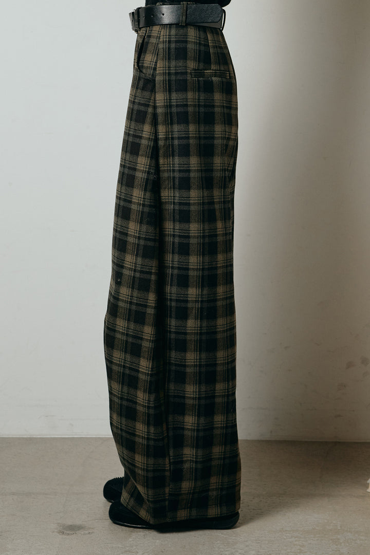 [SET]キルティング切り替えニットカーディガン+ベルト付きタータンチェックカーブワイドパンツ(2set)