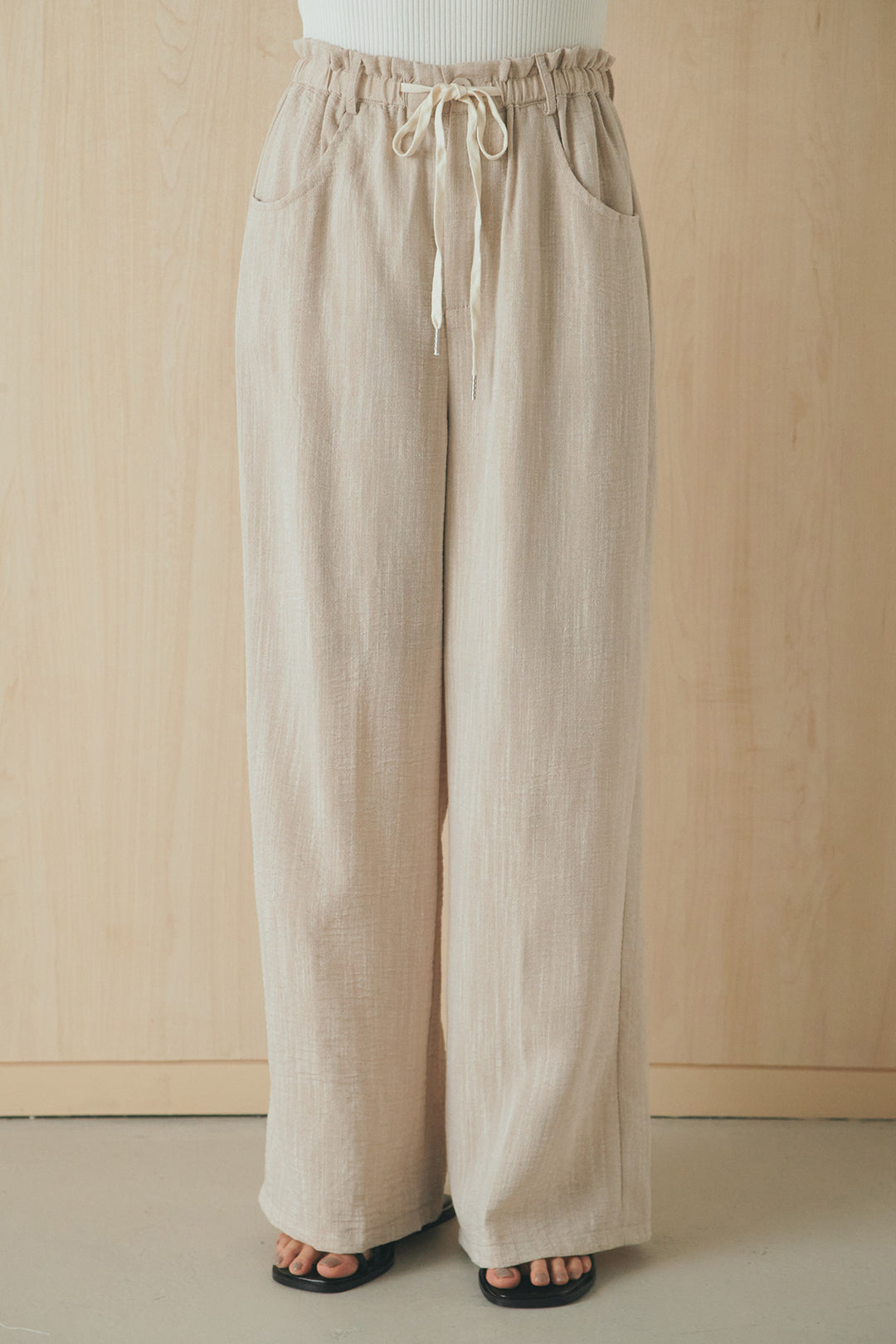 [SET]麻混ノーカラーブルゾン+麻混ウエストドロストパンツ(2set)