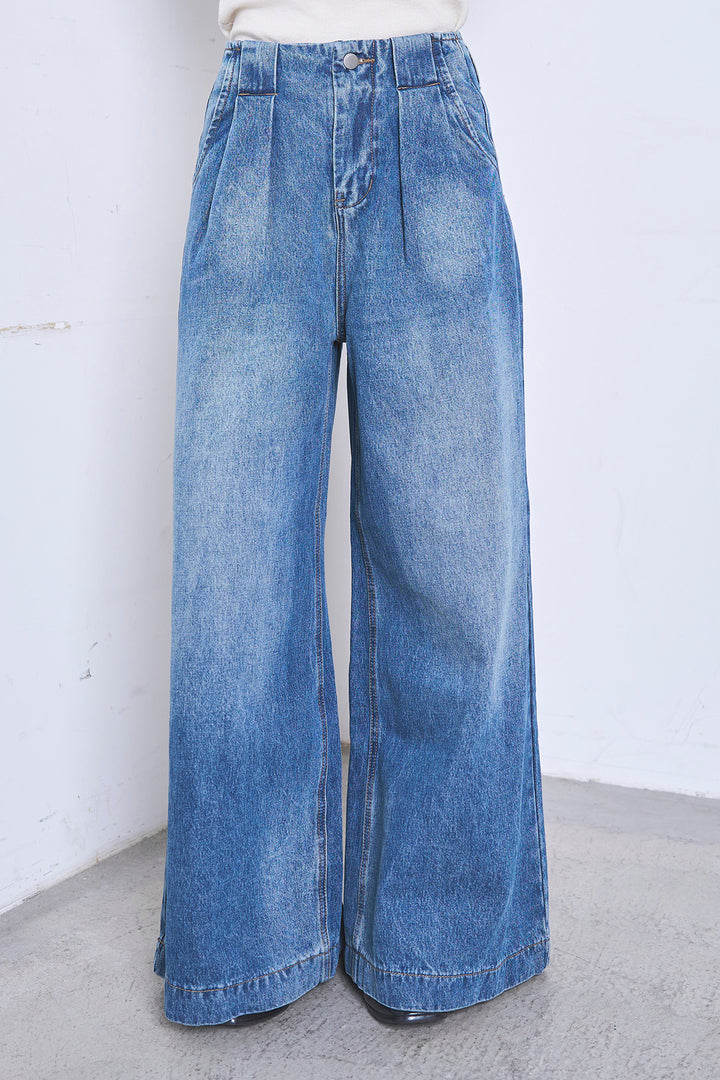 [SET]シアーデニムカーディガン+ベルトループワイドタックデニムパンツ(2set)