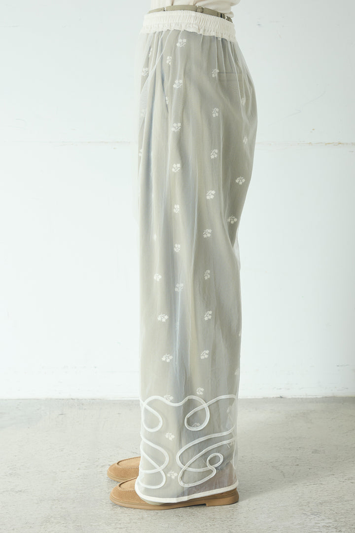 [SET]ニュアンスウェーブ刺繍シアーチュールパンツ+花柄刺繍ツイルタックパンツ(2set)