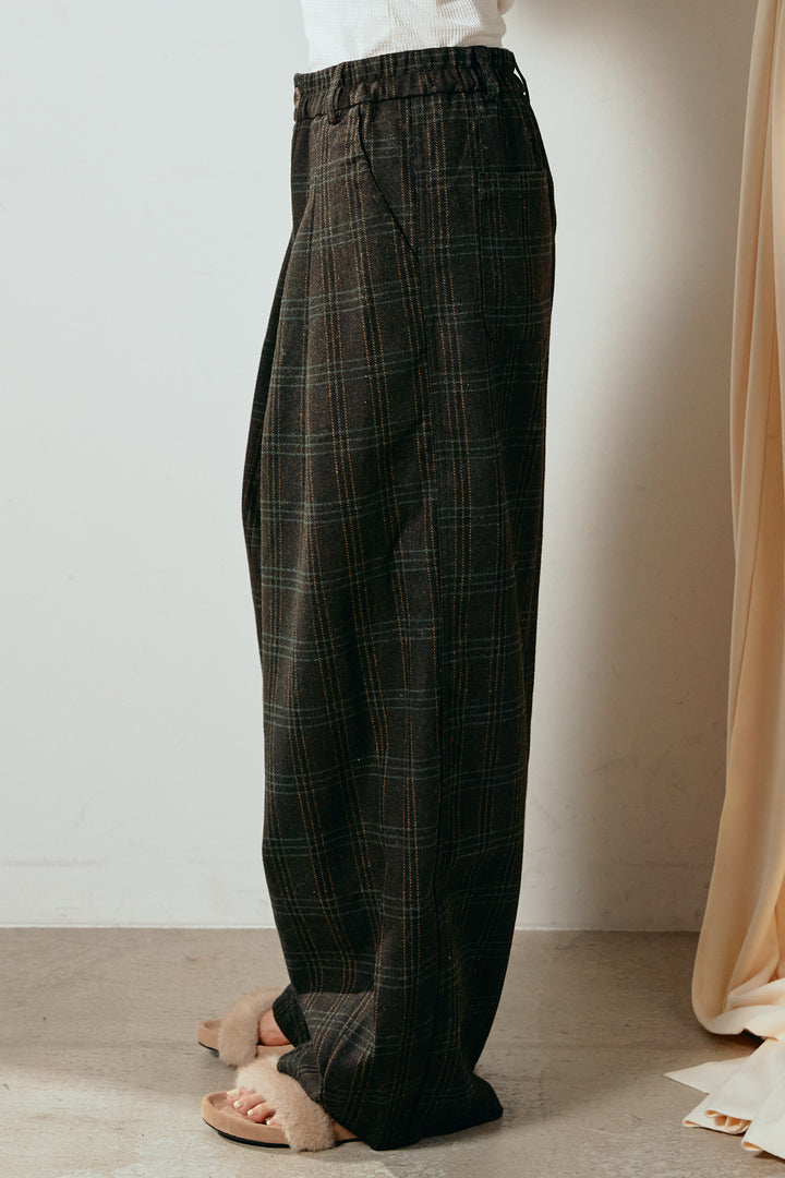 [SET]襟付きシャギーニットポロトップス+タータンチェック柄タックパンツ(2set)