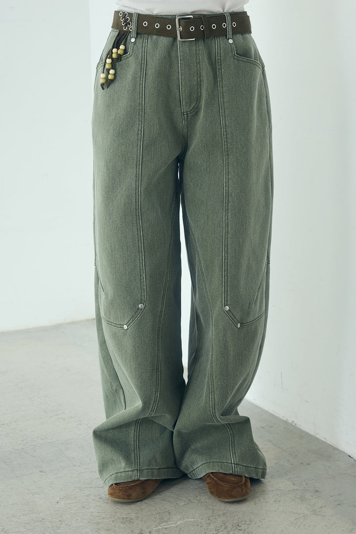 ベルト付きカラーデニムカーブワイドパンツ