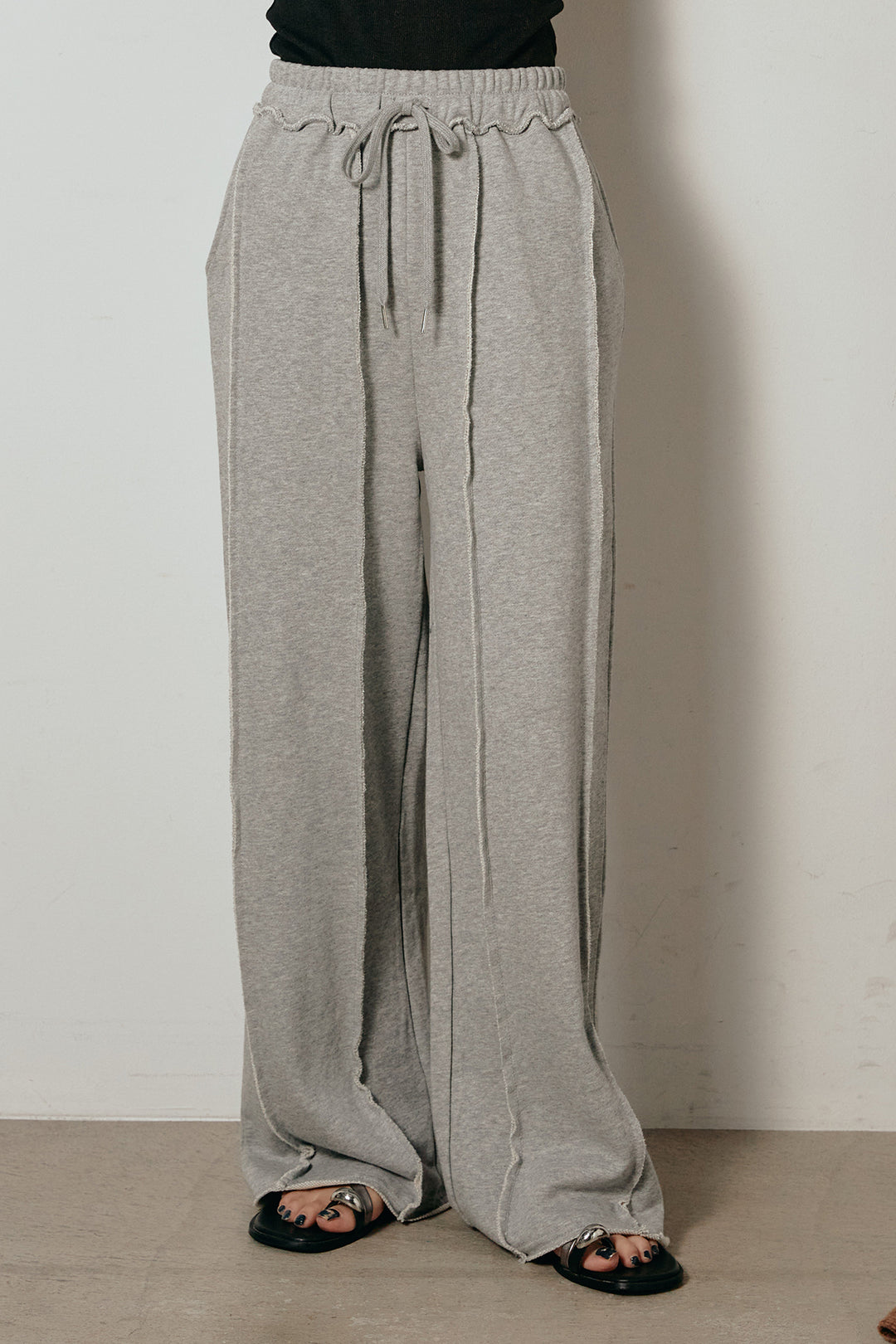 [SET]ハイネックミックスニットトップス+フロントラインデザインワイドスウェットパンツ(2set)