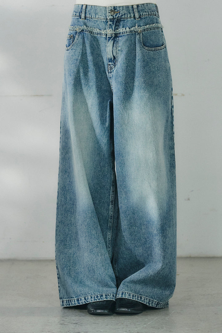 [SET]ネックフリルデザインブラウス+ウエスト裁ち切りデニムワイドパンツ(2set)