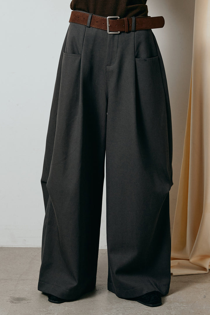 [SET]アクリルモヘアアーガイルVネックプルオーバー+太ベルト付きタックデザインワイドパンツ(2set)