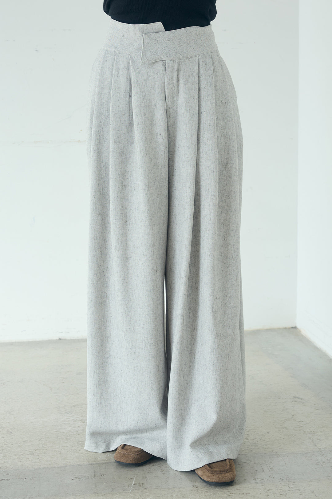 [SET]ミックスメッシュポロニット+麻混タックワイドパンツ(2set)