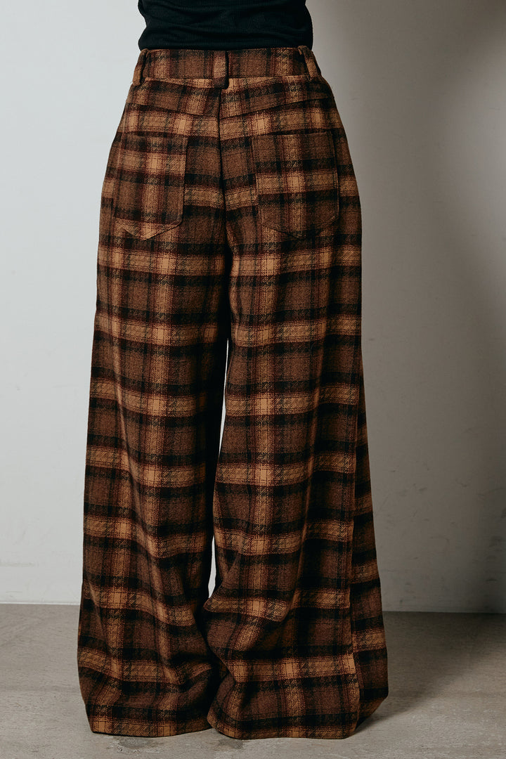 [SET]シャギーカシュクールニットトップス+ルーズタータンチェックワイドパンツ(2set)