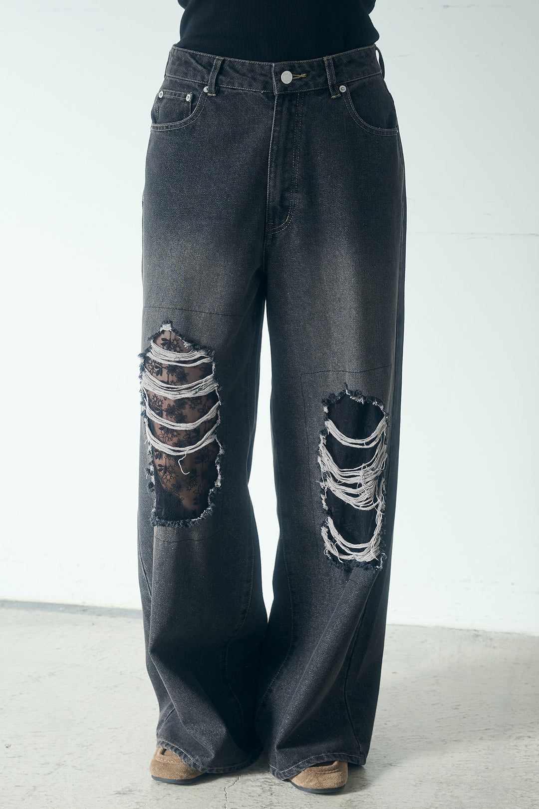 [SET]ローンレースオープンカラーシャツ+デニムレース付きワイドパンツ(2set)