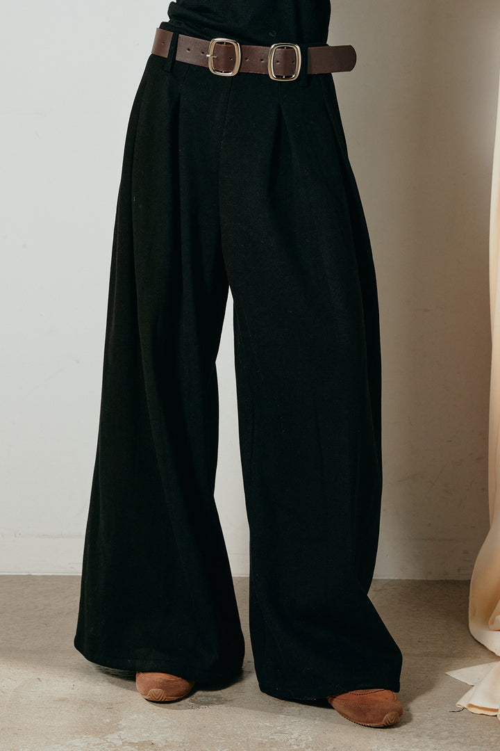 [SET]ケーブルカシュクールニットトップス+フェイクレザー太ベルト付きタックワイドパンツ(2set)