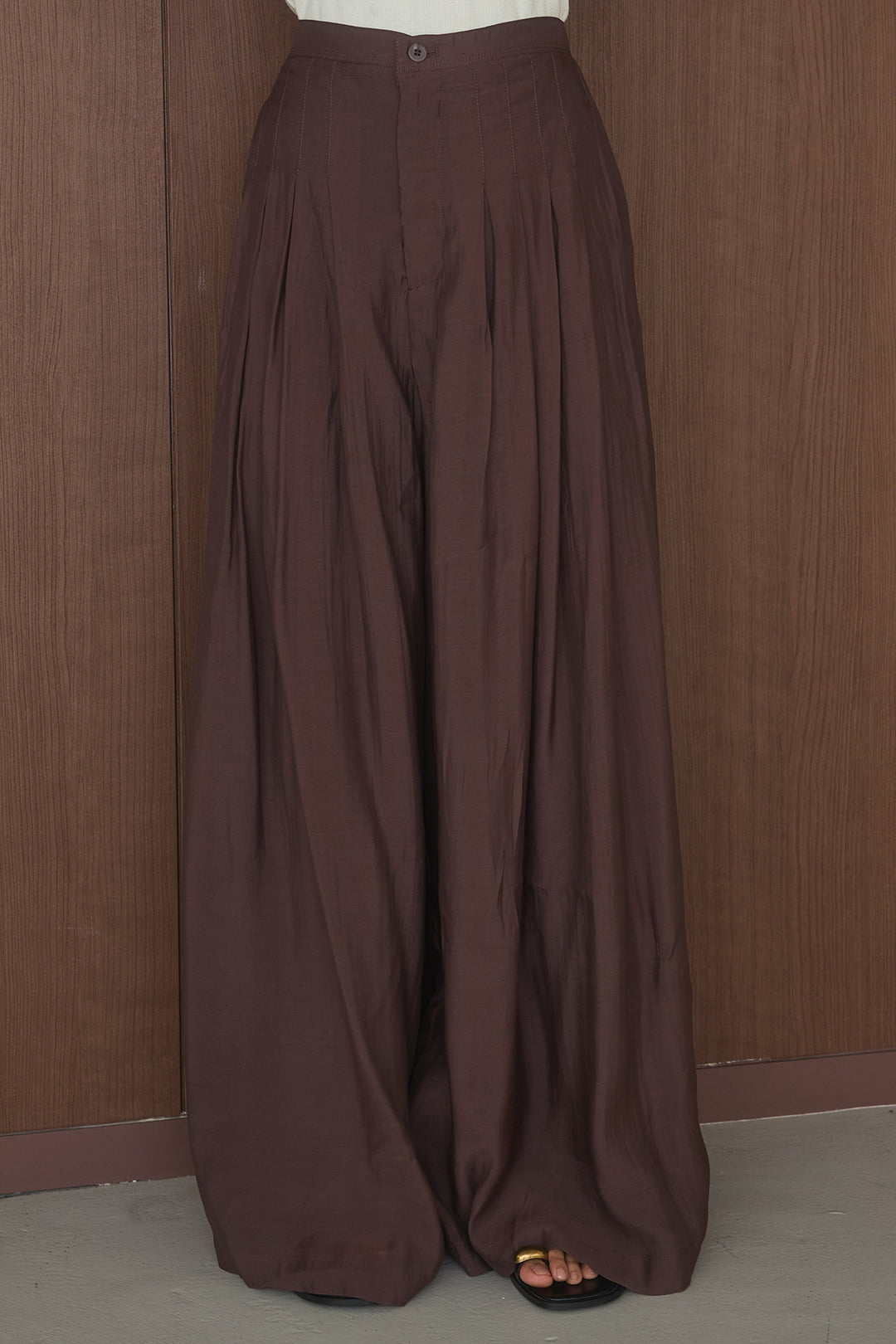 [SET]アクリル麻タッチメッシュニット配色プルオーバー+ハイウエストタックパンツ(2set)