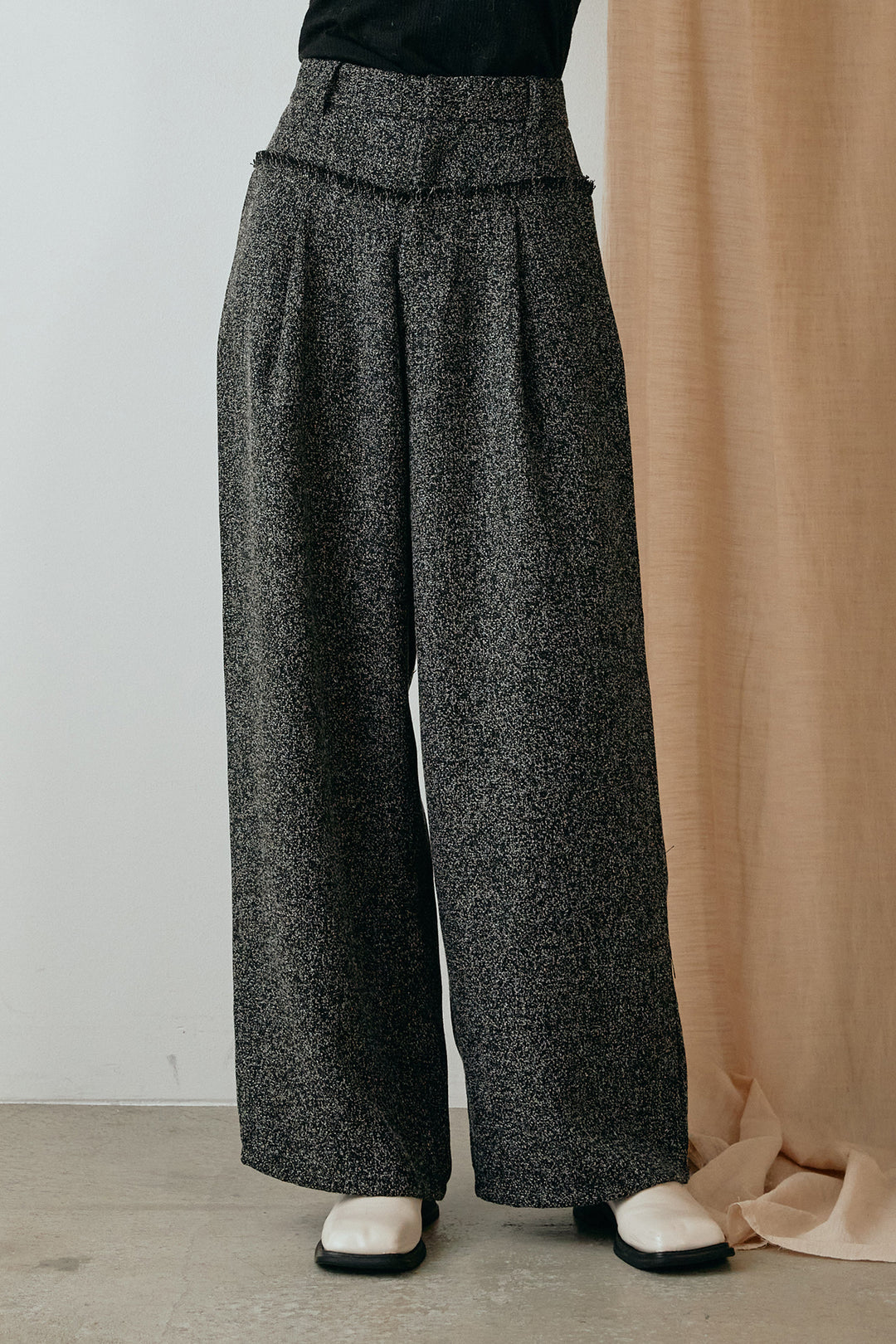 [SET]カシュクールデザインニット+ウエストフリンジワイドツイードパンツ(2set)