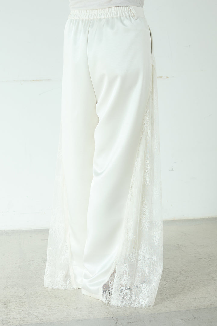 [SET]刺繍レースオーバーサイズシャツ+サテンレース切り替えタックパンツ(2set)