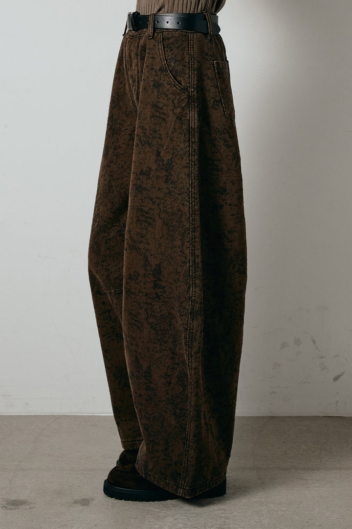 [SET]パターンランダム編みニットトップス+ベルト付きニュアンス柄カーブワイドパンツ(2set)