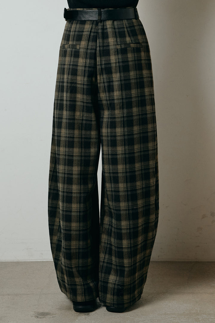 ベルト付きタータンチェックカーブワイドパンツ