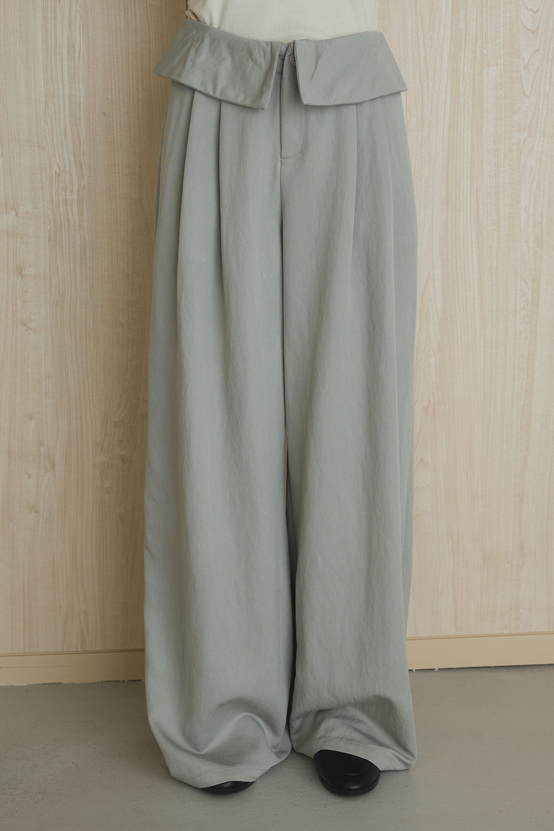 [SET]ネック編みデザインニットトップス+ウエスト折り返しワイドパンツ(2set)