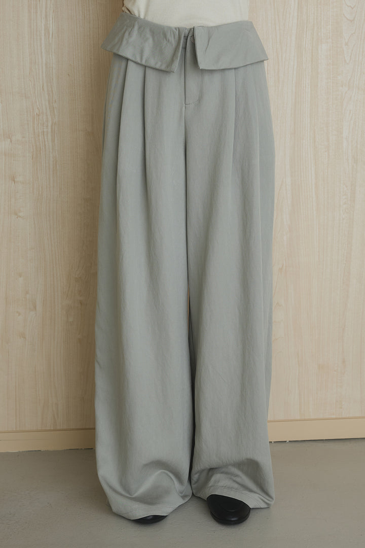 [SET]ネック編みデザインニットトップス+ウエスト折り返しワイドパンツ(2set)