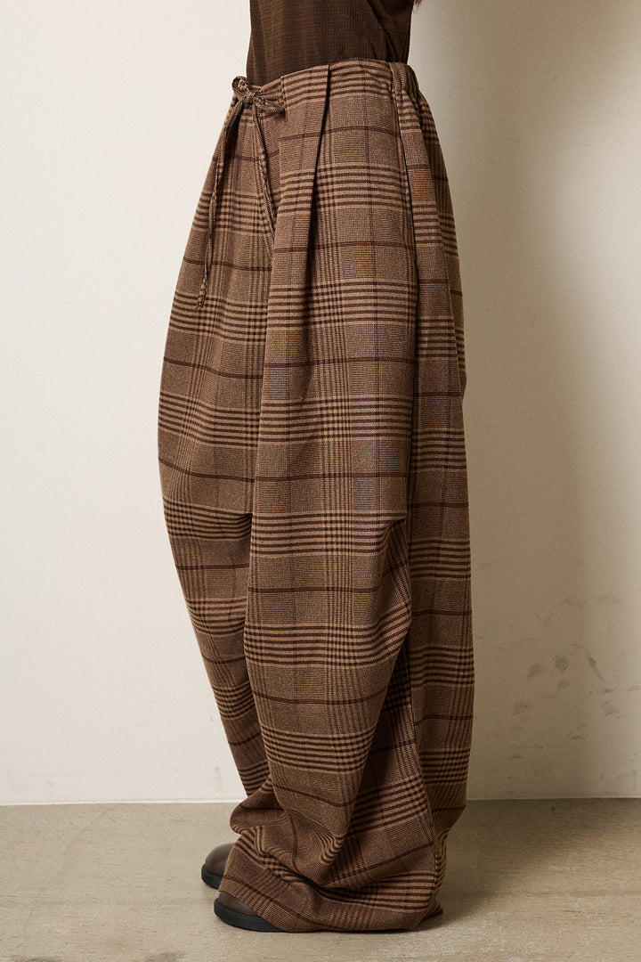 [SET]襟付きシャギーニットカーディガン+グレンチェックルーズタックパンツ(2set)