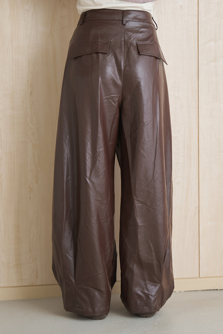 [SET]ドルマンスリーブクロップドリブニット+レザーライクタックワイドパンツ(2set)