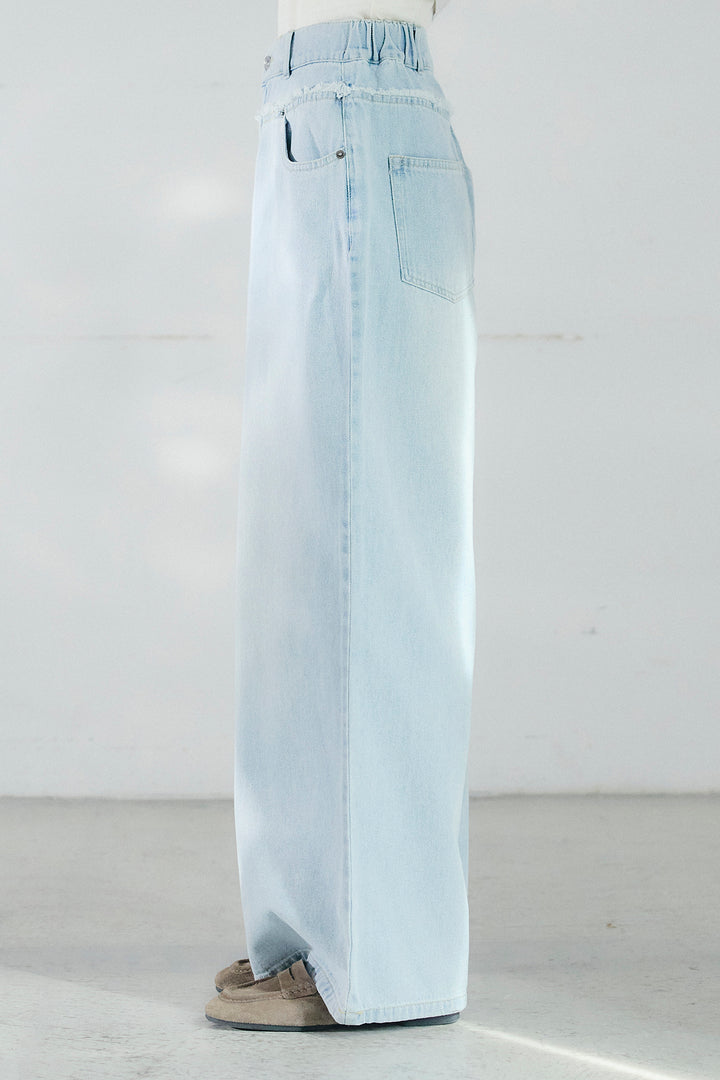 [SET]ネックフリルデザインブラウス+ウエスト裁ち切りデニムワイドパンツ(2set)