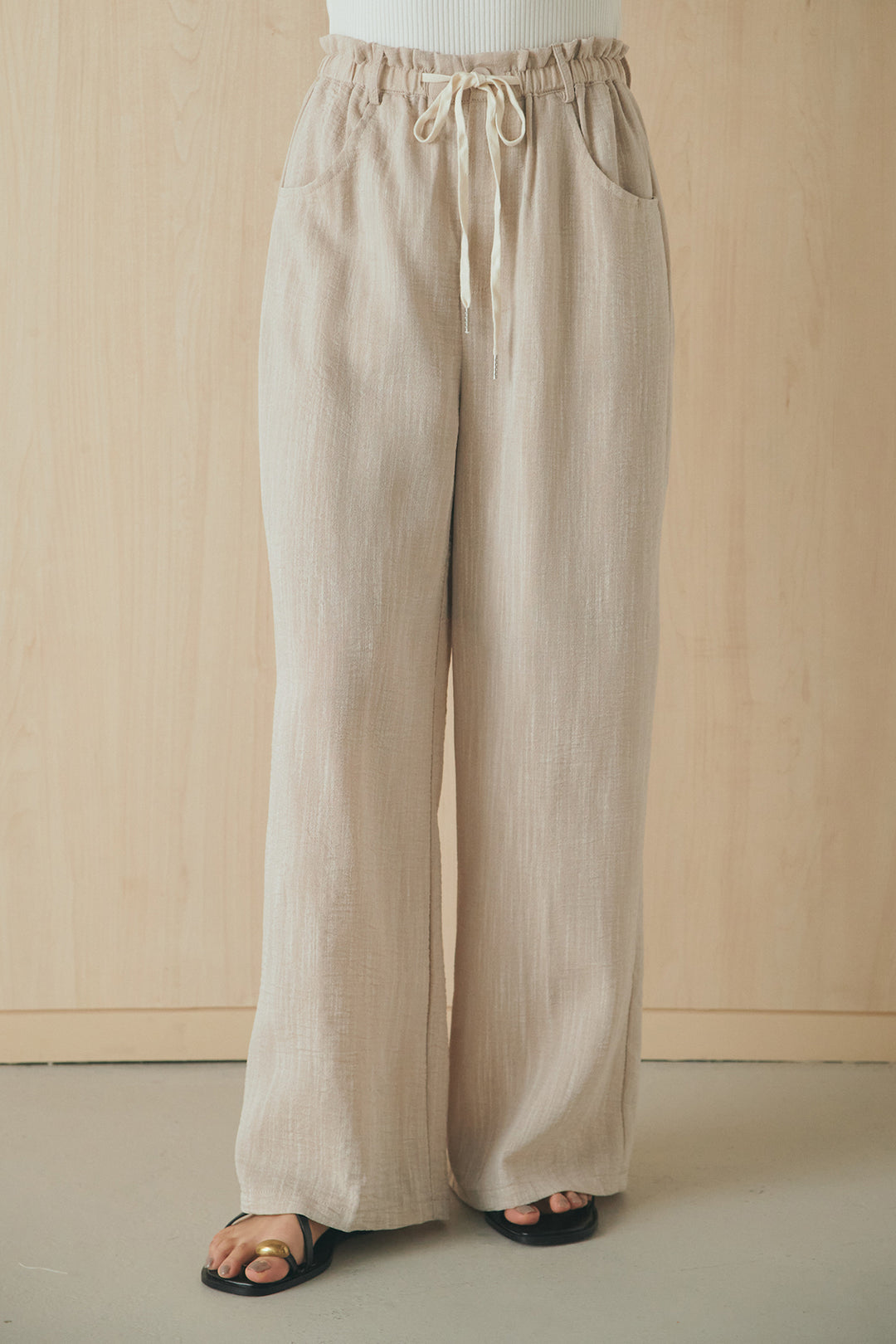 [SET]麻混ノーカラーブルゾン+麻混ウエストドロストパンツ(2set)