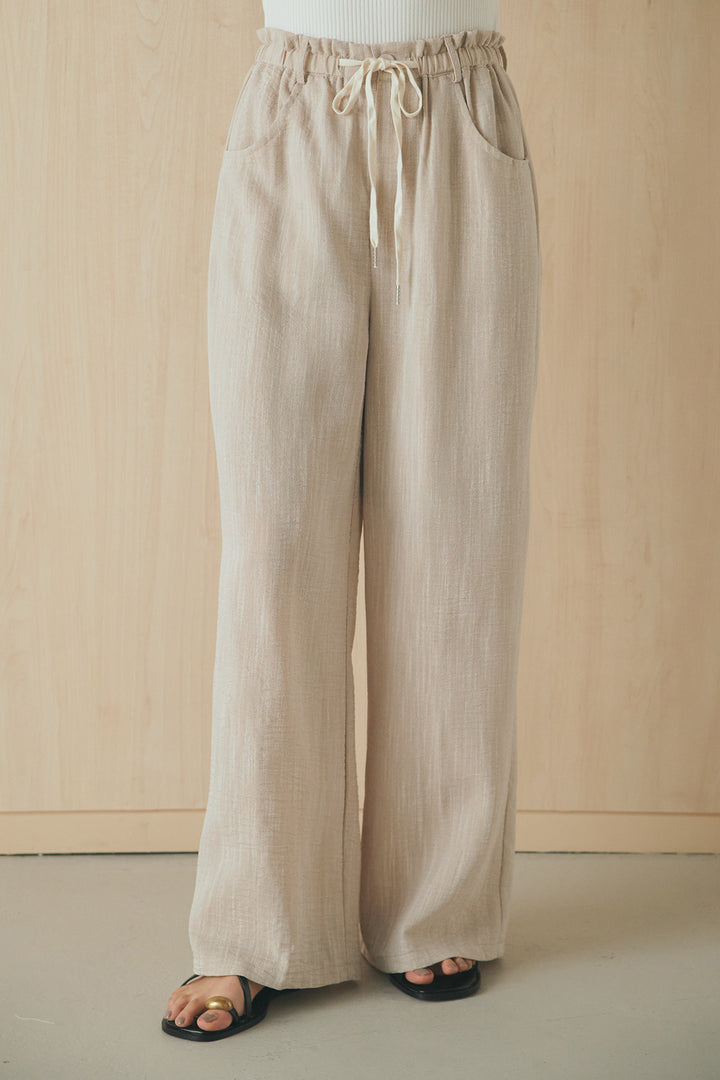 [SET]麻混ノーカラーブルゾン+麻混ウエストドロストパンツ(2set)