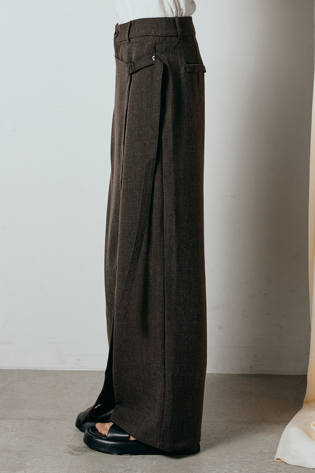 [SET]襟付きマルチボーダーニットポロトップス+ラップ巻きワイドスラックス(2set)