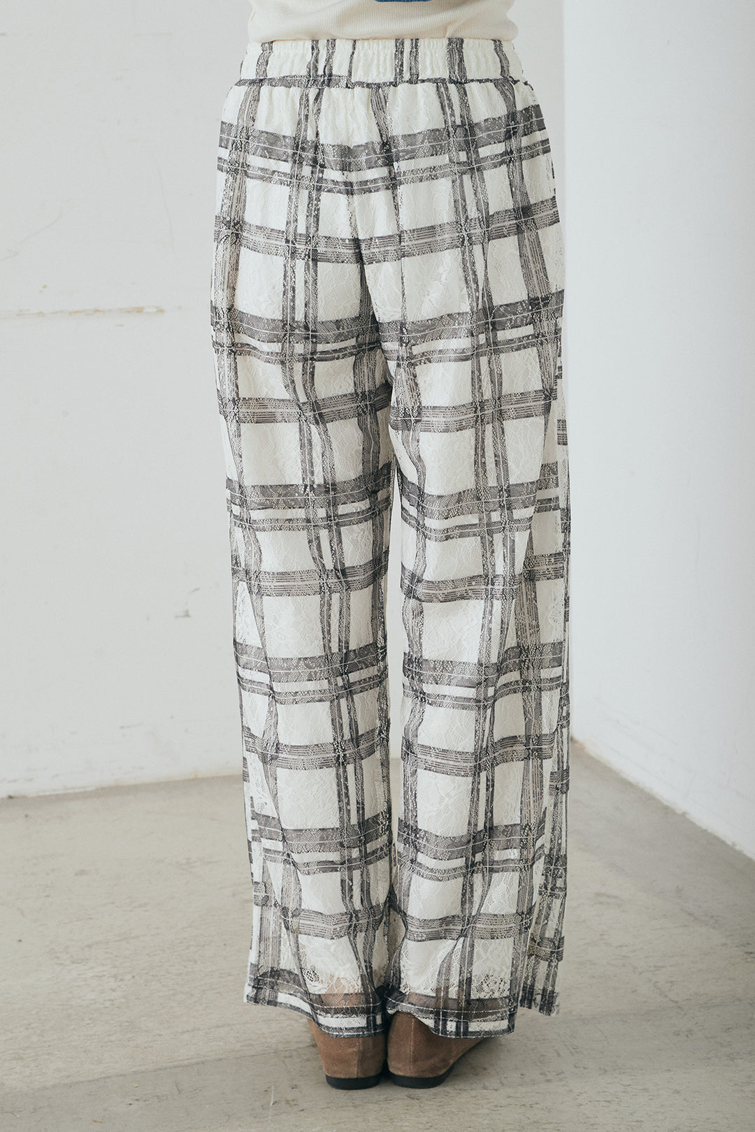 [SET]スタンドカラーデニムブルゾンジャケット+レースチェックワイドイージーパンツ(2set)