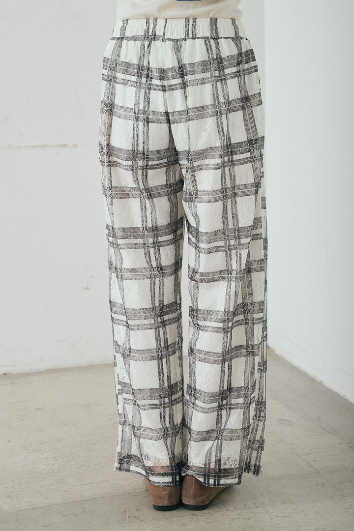 [SET]スタンドカラーデニムブルゾンジャケット+レースチェックワイドイージーパンツ(2set)