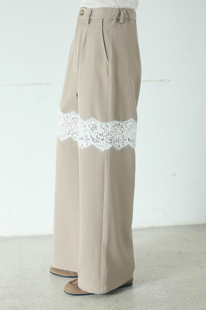 [SET]レーヨンポリダブルフェイスカーディガン+レース刺繍切替ワイドパンツ(2set)