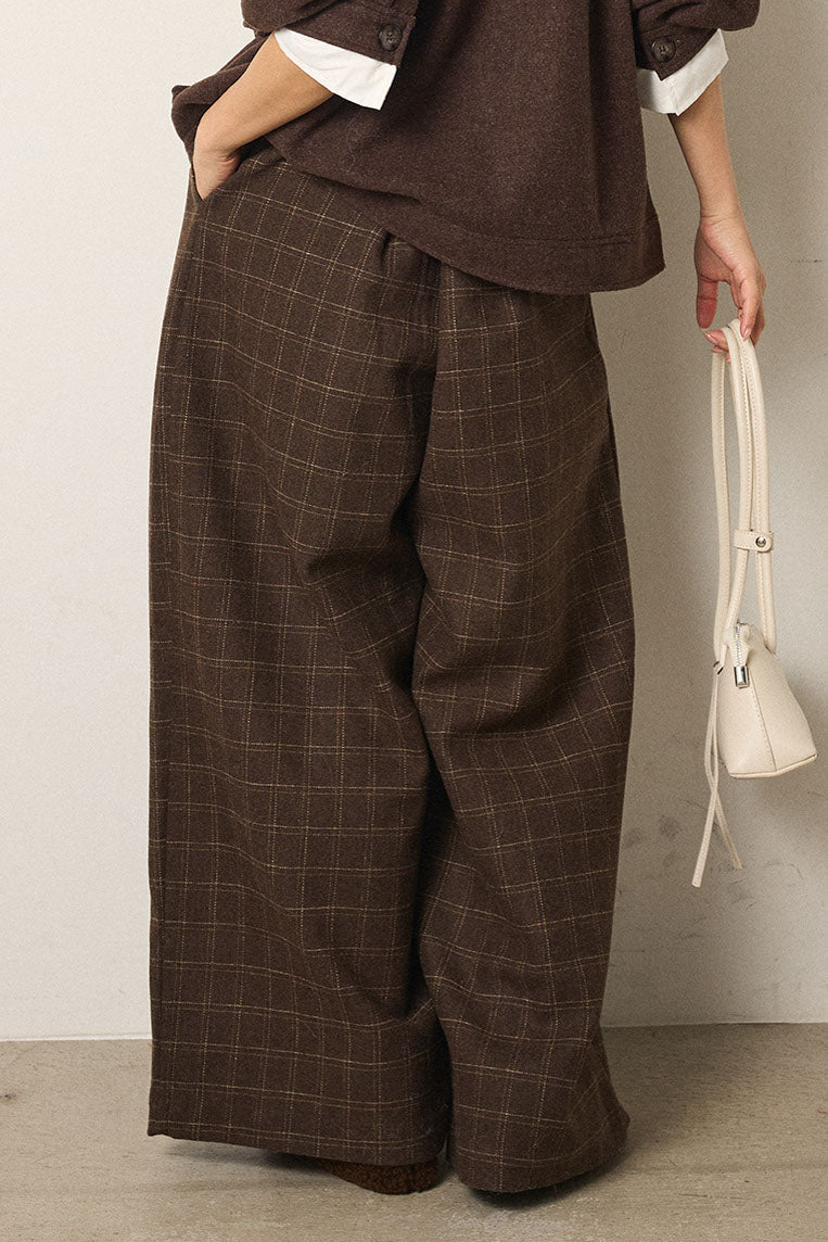 [SET]アシメデザインリブポンチョニットトップス+ウールライクチェックタックパンツ(2set)