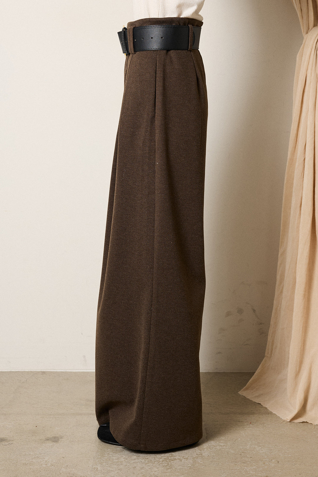 [SET]デニムカラーボーダールーズニット+ゴールドバックル太ベルト付きワイドパンツ(2set)