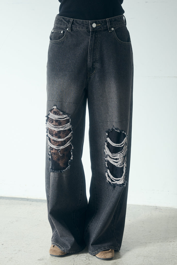 デニムレース付きワイドパンツ