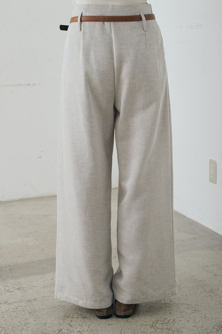 リネンタッチ細ベルト付きワイドパンツ