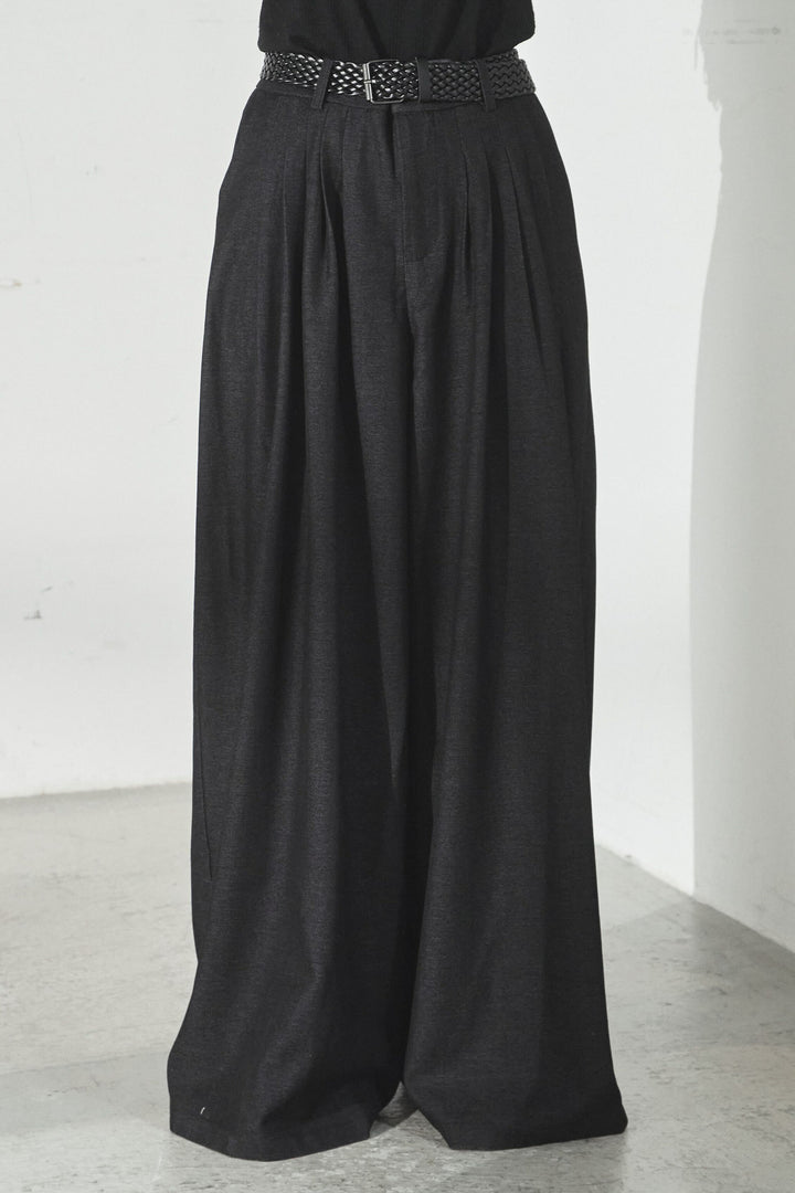 【即納】編みベルト付きウエストタックワイドパンツ
