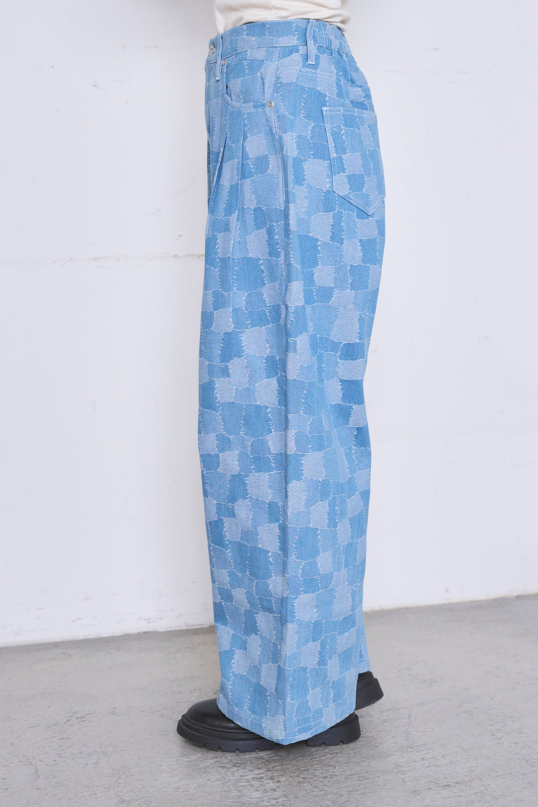 [SET]ロングシアーアウター+パッチワーク風デニムワイドパンツ(2set)