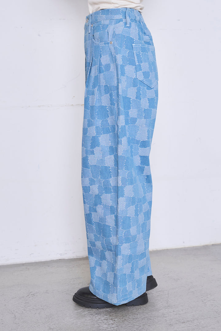 [SET]ロングシアーアウター+パッチワーク風デニムワイドパンツ(2set)