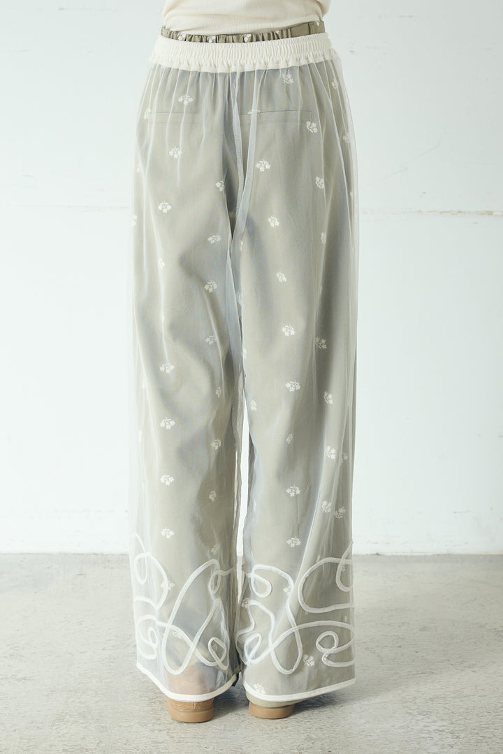 [SET]ノーカラーフロントギャザージップアウター+花柄刺繍ツイルタックパンツ+ニュアンスウェーブ刺繍シアーチュールパンツ(3set)