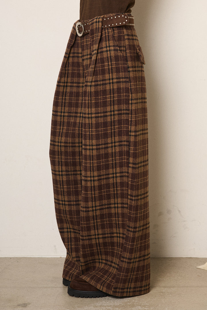 スタッズデザインベルトタータンチェックパンツ