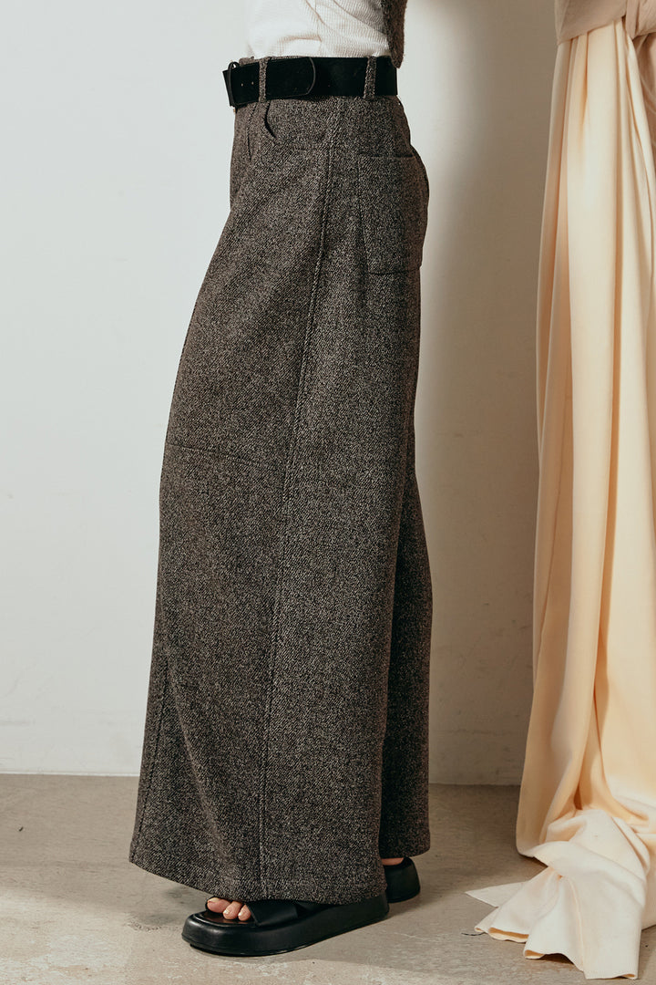 [SET]ケープデザインリブニットトップス+太ベルト付きツイードワイドパンツ(2set)