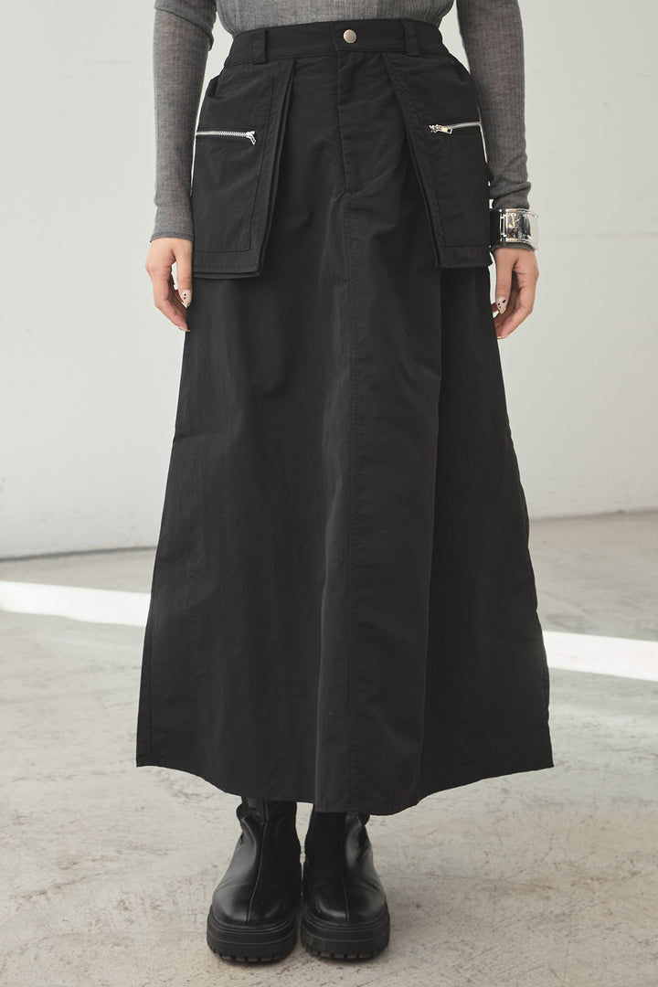 [SET]襟付きナイロンベスト+サイドデザインナイロンスカート+リブシアークルーネック長袖トップス(3set)