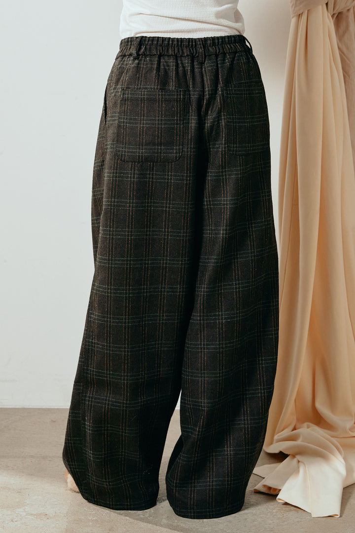 [SET]襟付きシャギーニットポロトップス+タータンチェック柄タックパンツ(2set)